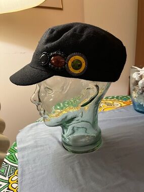 Black Embellished Cadet Cap with Decorative Buttons